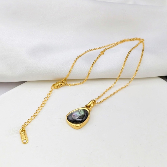 Natural Black Lip Shell 304 Stainless Steel Teardrop Pendant Necklaces for Women