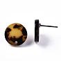 Cellulose Acetate(Resin) Ear Stud Findings, with Iron Pin with Glitter Sequin, Flat Round with Tortoiseshell Pattern