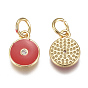 Brass Micro Pave Cubic Zirconia Charms, with Enamel and Jump Ring, Long-Lasting Plated, Real 18K Gold Plated, Flat Round