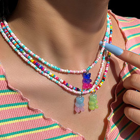 Rainbow Teddy Bear Charm Handmade Beaded Necklace for Girls
