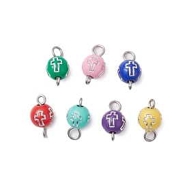 7Pcs 7 Colors Opaque Plating Acrylic Connector Charms, Round with Cross Pattern Link