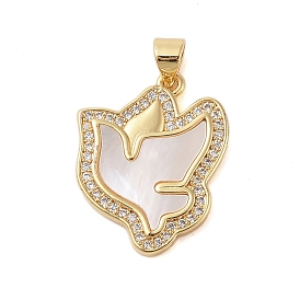 Brass Micro Pave Clear Cubic Zirconia Pendants, with Shell, Peace Dove