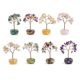 Natural Gemstone Chips Tree of Life Decorations, Glass Base with Copper Wire Feng Shui Energy Stone Gift for Home Office Desktop