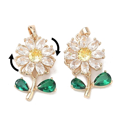 Brass Micro Pave Cubic Zirconia Rotatable Pendants, Long-Lasting Plated, Flower Charms
