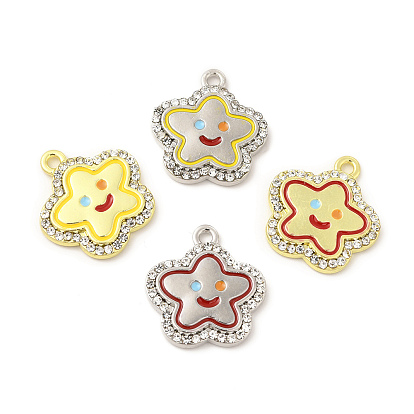 Rack Plating Alloy Crystal Rhinestone Pendants, with Enamel, Star with Smiling Face Charms, Cadmium Free & Nickel Free & Lead Free