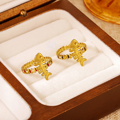 304 Anillos abiertos de acero inoxidable para mujer., espina de pescado, con esmalte, real 18 k chapado en oro