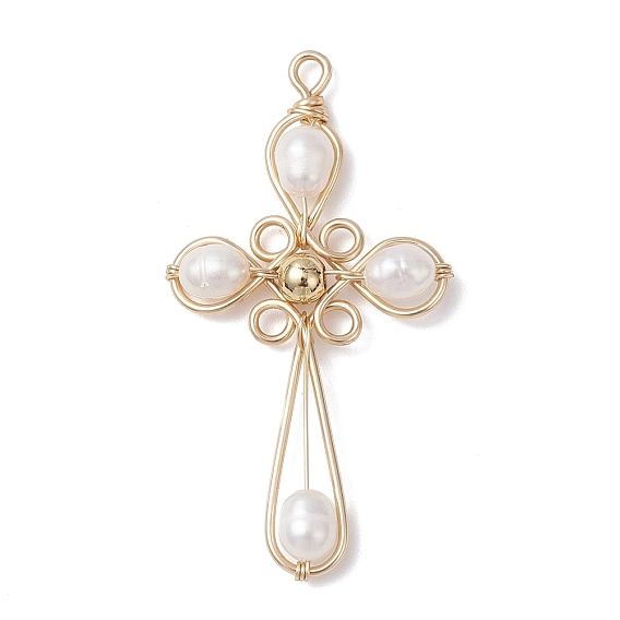 Подвески-кресты из натурального культивированного пресноводного жемчуга, обвитые медной проволокой, цветочный белый