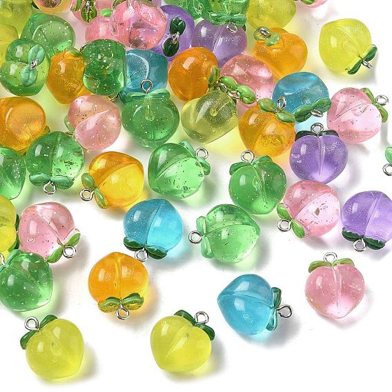 Прозрачные смоляные подвески, персик, с платиновой железной петлей и пудрой с блестками