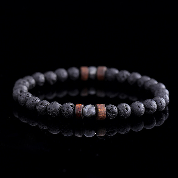 Круглые бусины из натуральной лавы, эластичные, для мужчин и женщин, с бусинами из дерева и черного камня