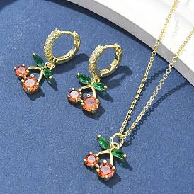 Cherry Brass Micro Pave Cubic Zirconia Hook Earrings &  Necklaces Sets, Jewerly Set for Women, Rack Plating, Lasting Plated, Cadmium Free & Lead Free