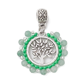 Faceted Round Natural Gemstone & Glass Seed Beads European Dangle Charms, Alloy Tree of life Large Hole Pendants, Antique Silver