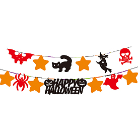 Halloween Theme Paper Flags, Word Happy Halloween & Spider & Star Hanging Banners, for Party Home Decorations