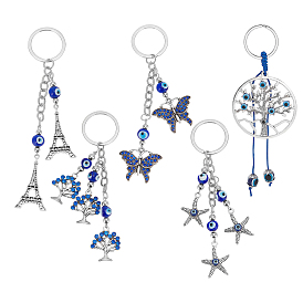 5Pcs 5 Style Zinc Alloy Keychain, with Iron Key Rings, Glass Evil Eye Beads, Eiffel Tower & Butterfly & Round Ring with Tree of Life & Starfish & Tree