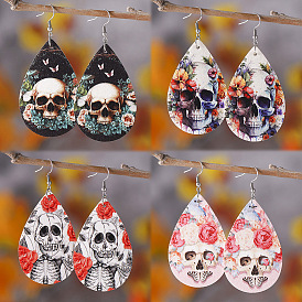 Halloween PU Leather Earrings, with Stainless Steel Earrings Hook, Teardrop with Skull, Platinum