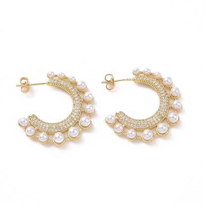 Clear Cubic Zirconia C-shape Stud Earrings with ABS Plastic Pearl Beaded, Brass Half Hoop Earrings for Women
