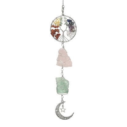Wire Wrapped Gemstone Pouch Pendant Deorations, with Gemstone Chip Tree of Life Link and Alloy Hollow Moon Pendants