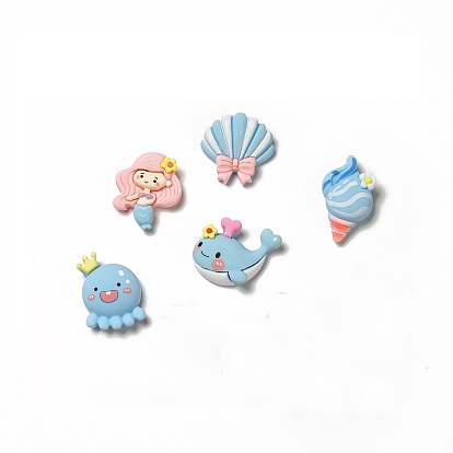 Sea Theme Opaque Resin Cabochons, Sea Animals Cabochons, Sky Blue, Mermaid/Shell/Conch/Octopus/Dolphin Pattern