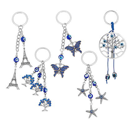 5Pcs 5 Style Zinc Alloy Keychain, with Iron Key Rings, Glass Evil Eye Beads, Eiffel Tower & Butterfly & Round Ring with Tree of Life & Starfish & Tree