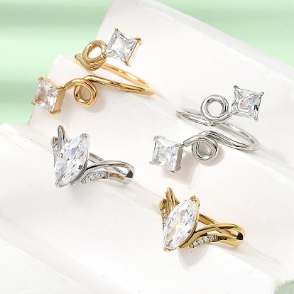 316L Stainless Steel Cubic Zirconia Cuff Open/Finger Rings, Square/Horse Eye