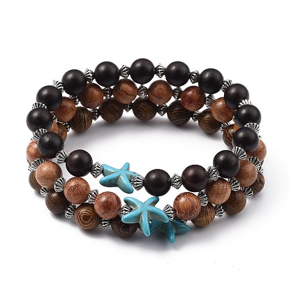 Natural Wood Beaded Stretch Bracelets Sets, with Tibetan Style Alloy Beads and Synthetic Turquoise(Dyed) Beads, Starfish
