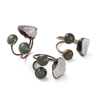 Открытые кольца-манжеты самородки из натурального друзого агата и зеленого авантюрина, женское латунное кольцо красного медного тона