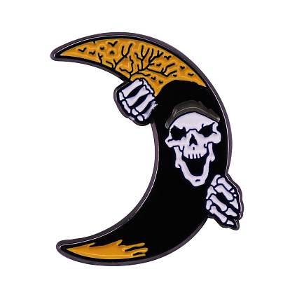 Halloween Skull Theme Enamel Pin, Moon with Skull Brass Brooch