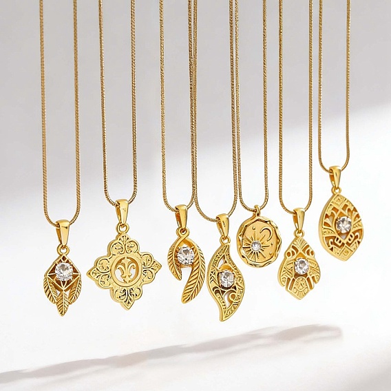 304 Stainless Steel Crystal Rhinestone Hollow Pendant Necklaces, Golden