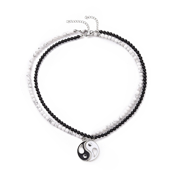 2шт 2 набор ожерелий с кулоном из сплава эмали Инь Ян Метчинг, Парные ожерелья из бусин натурального хаулита и окрашенного и нагретого черного агата для лучших друзей и влюбленных