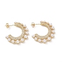 Clear Cubic Zirconia C-shape Stud Earrings with ABS Plastic Pearl Beaded, Brass Half Hoop Earrings for Women