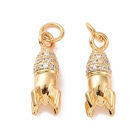 Rocket Brass Micro Pave Clear Cubic Zirconia Charms, with Jump Rings, Cadmium Free & Nickel Free & Lead Free