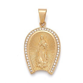 304 Stainless Steel Lady of Guadalupe Pendants, with Crystal Rhinestone, Horseshoe with Virgin Mary