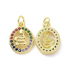 Brass Micro Pave Colorful Cubic Zirconia Pendants, with Jump Ring, Oval with Snake Charms
