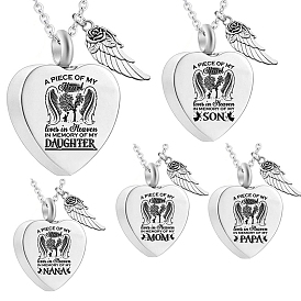 Stainless Steel Heart & Feather Pendant Urn Ashes Necklaces, Mini Cinerary Casket Pendant Cable Chain Necklaces