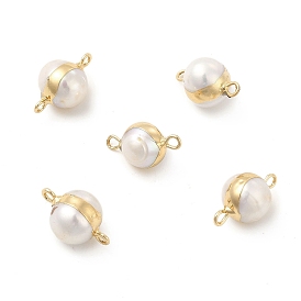 Natural Pearl Connector Charms, with Brass Double Loops, Round Links