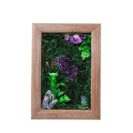 Rectangle Wood Picture Frame with Natural Amethyst Cluster Decor, for Home Office Desktop Tabletop Decoration