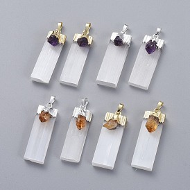 Natural Calcite Big Pendants, with Natural Gemstone and Brass Findings, Rectangle