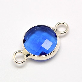 Silver Color Plated Brass Glass Flat Round Links Connectors, Faceted