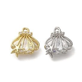 Rack Plating Brass Micro Pave Cubic Zirconia Charms, Long-Lasting Plated, Scallop with Star