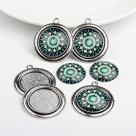 Плоские круглые настройки кабошон скошенных сплава кулон и геометрические цветочные напечатаны стеклянные кабошоны, античное серебро, Настройки: Лоток: 25 мм, 40x35x2мм, Отверстие: 3 мм, кабошоны: 25x7 мм