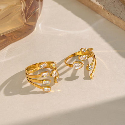 Открытые кольца-манжеты из нержавеющей стали с микропаве и прозрачным кубическим цирконием, слеза