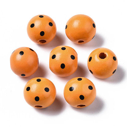 Painted Natural Wood European Beads, Large Hole Beads, Printed, Round with Dot