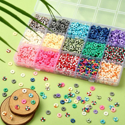 15 Colors Handmade Polymer Clay Beads Strands, for DIY Jewelry Crafts Supplies, Heishi Beads, Disc/Flat Round