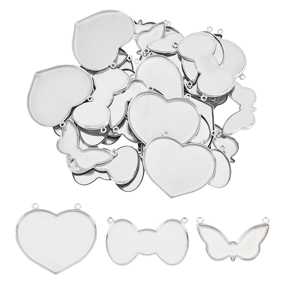 30Pcs 3 Styles 304 Stainless Steel Cabochon Connector Settings, Plain Edge Bezel Cups, Butterfly & Bowknot & Heart