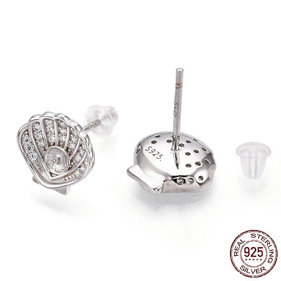 925 Sterling Silver Micro Pave Cubic Zirconia Stud Earring Findings, with Peg Bails, for Half Drilled Beads, Shell/Scallop Shape, Nickel Free, with S925 Stamp