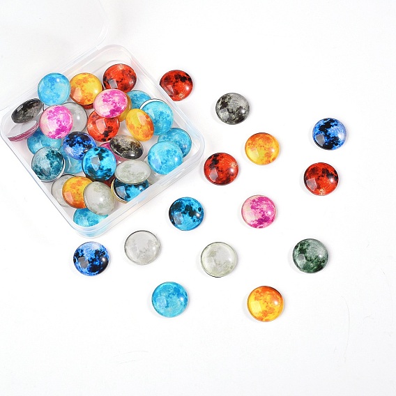 50Pcs Luminous Glass Cabochons, Planet Pattern, Half Round