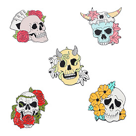 Halloween Skull with Flower Enamel Pin, Electrophoresis Black Alloy Brooch for Backpack Clothes