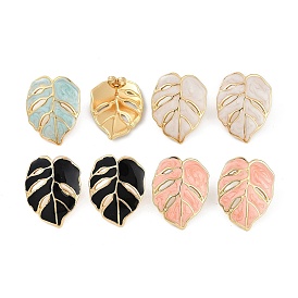 Ion Plating(IP) 304 Stainless Steel Leaf Stud Earrings, with Enamel, Real 18K Gold Plated