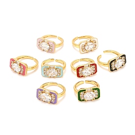 Brass Micro Pave Cubic Zirconia Cuff Ring, Open Rings with Enamel, Real 18K Gold Plated, Rectangle