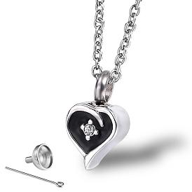 Stainless Steel Urn Ashes Pendant Necklace, Heart Pendant with Enamel and Cubic Zirconia, Memorial Jewelry for Men Women