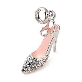 Rhodium Plated 925 Sterling Silver Micro Pave Clear Cubic Zirconia European Dangle Pendants, High-Heeled Shoes Large Hole Pendants, Enamel Style, Platinum